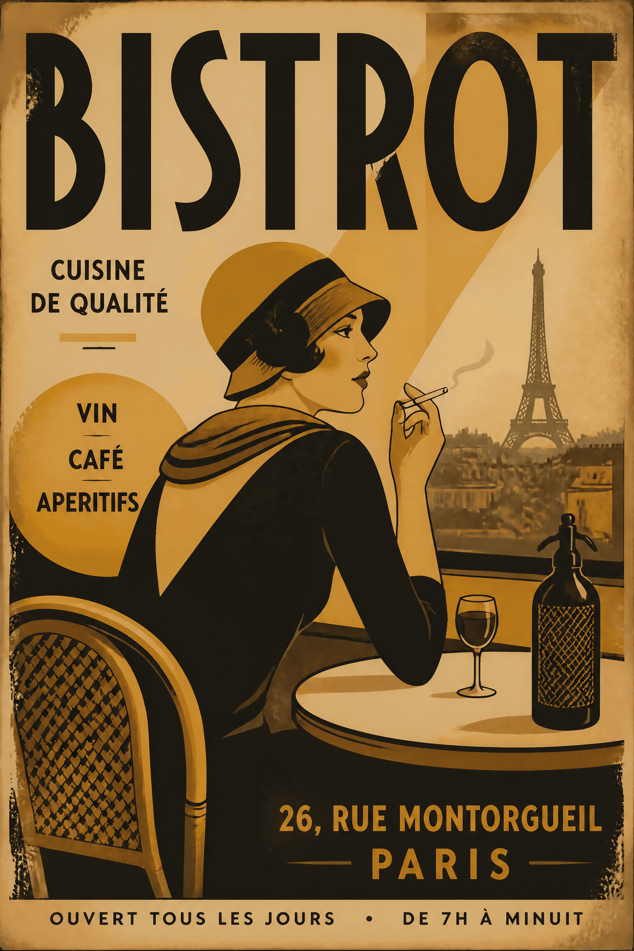Affiche BISTROT Art Déco — typographie vintage sépia et moutarde