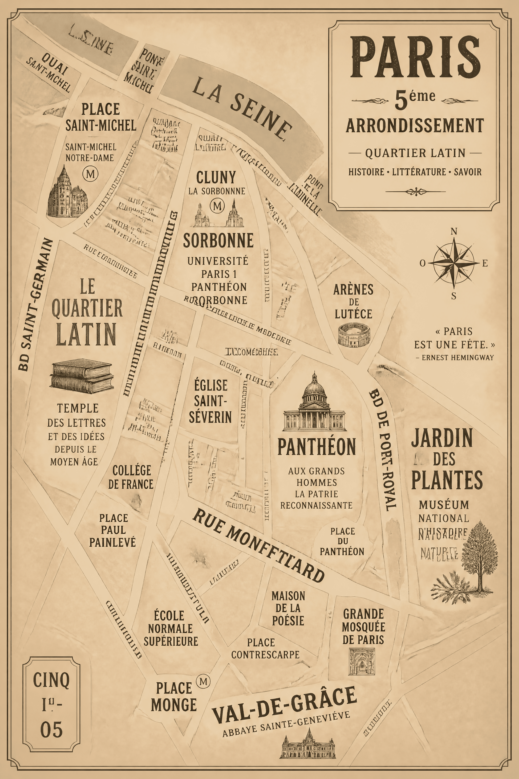 Affiche Carte Typographique PARIS 5ème — Quartier Latin vintage