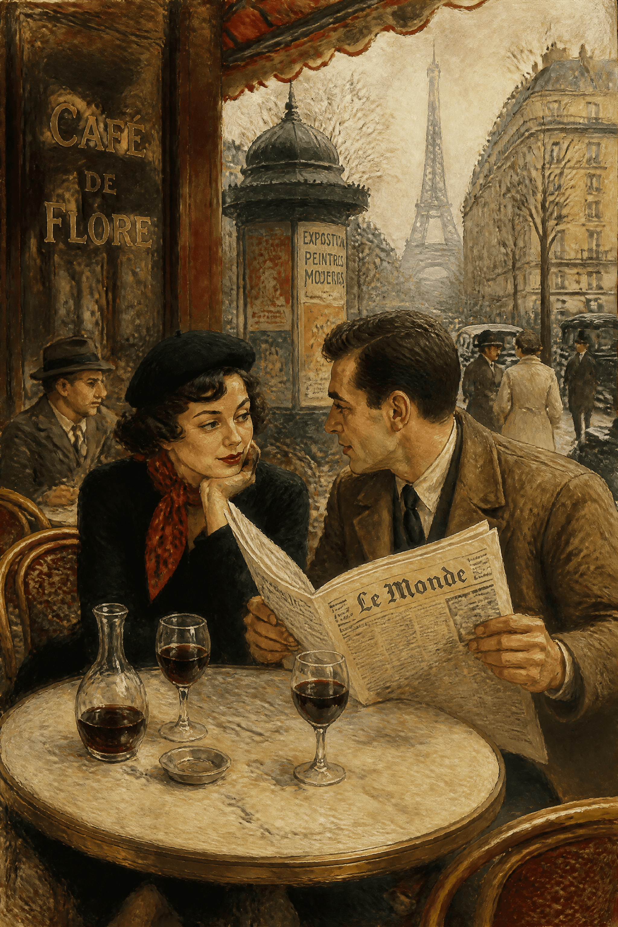 Affiche Couple au Café 1950 — scène impressionniste parisienne