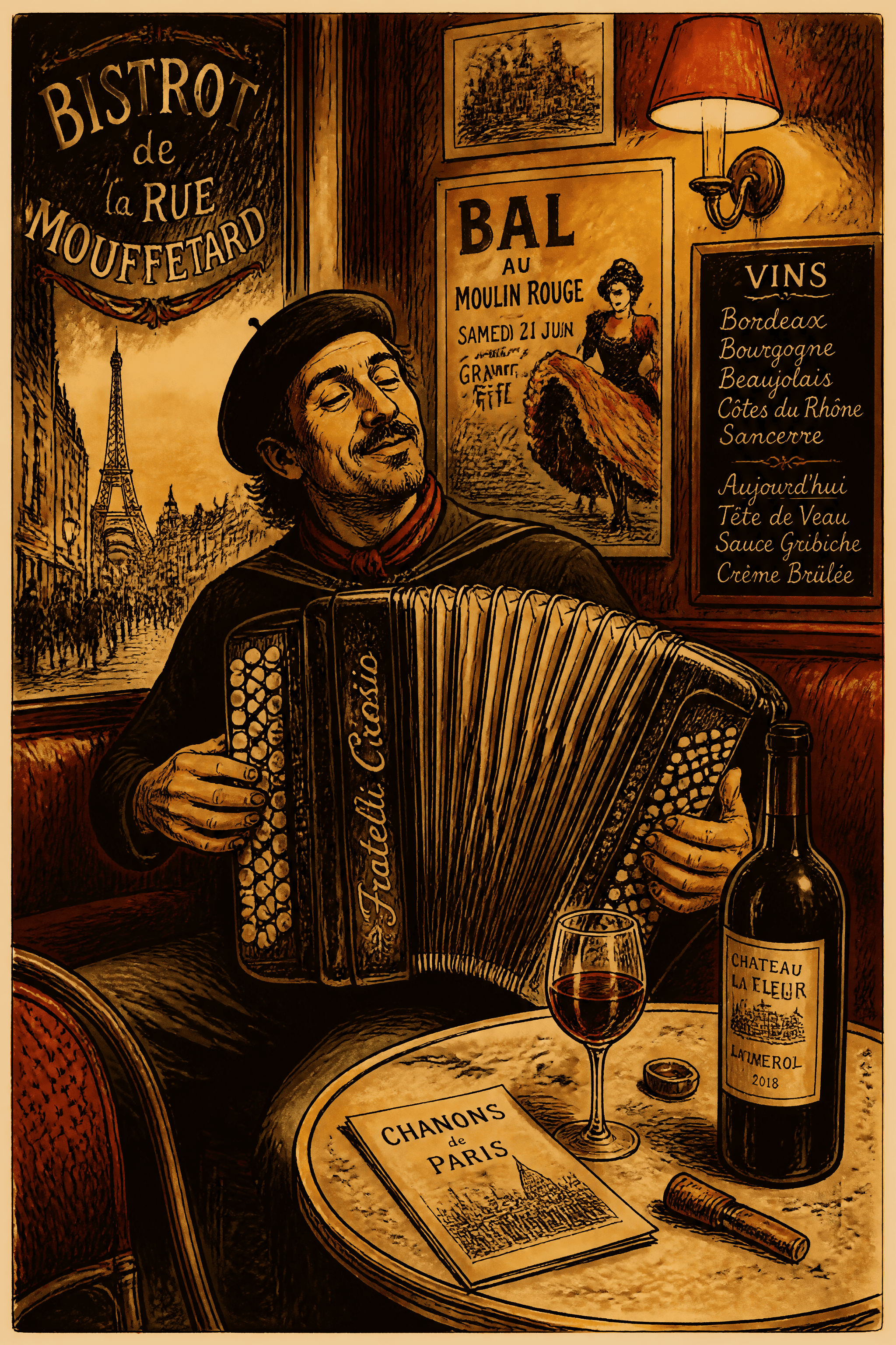 Affiche Accordéoniste au Bistrot — illustration vintage musique et vin
