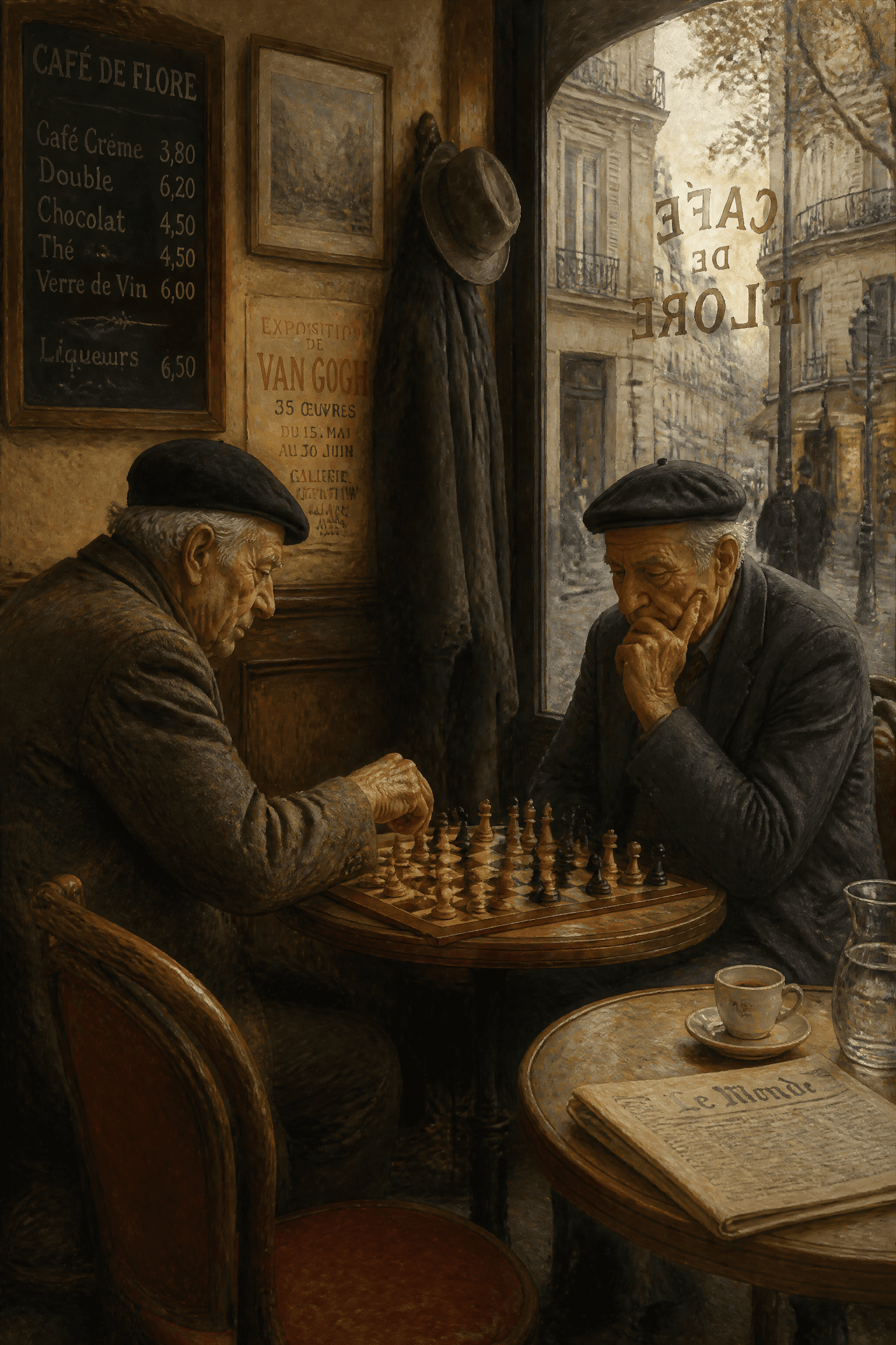 Affiche Partie d'Échecs — deux joueurs au café parisien après-midi