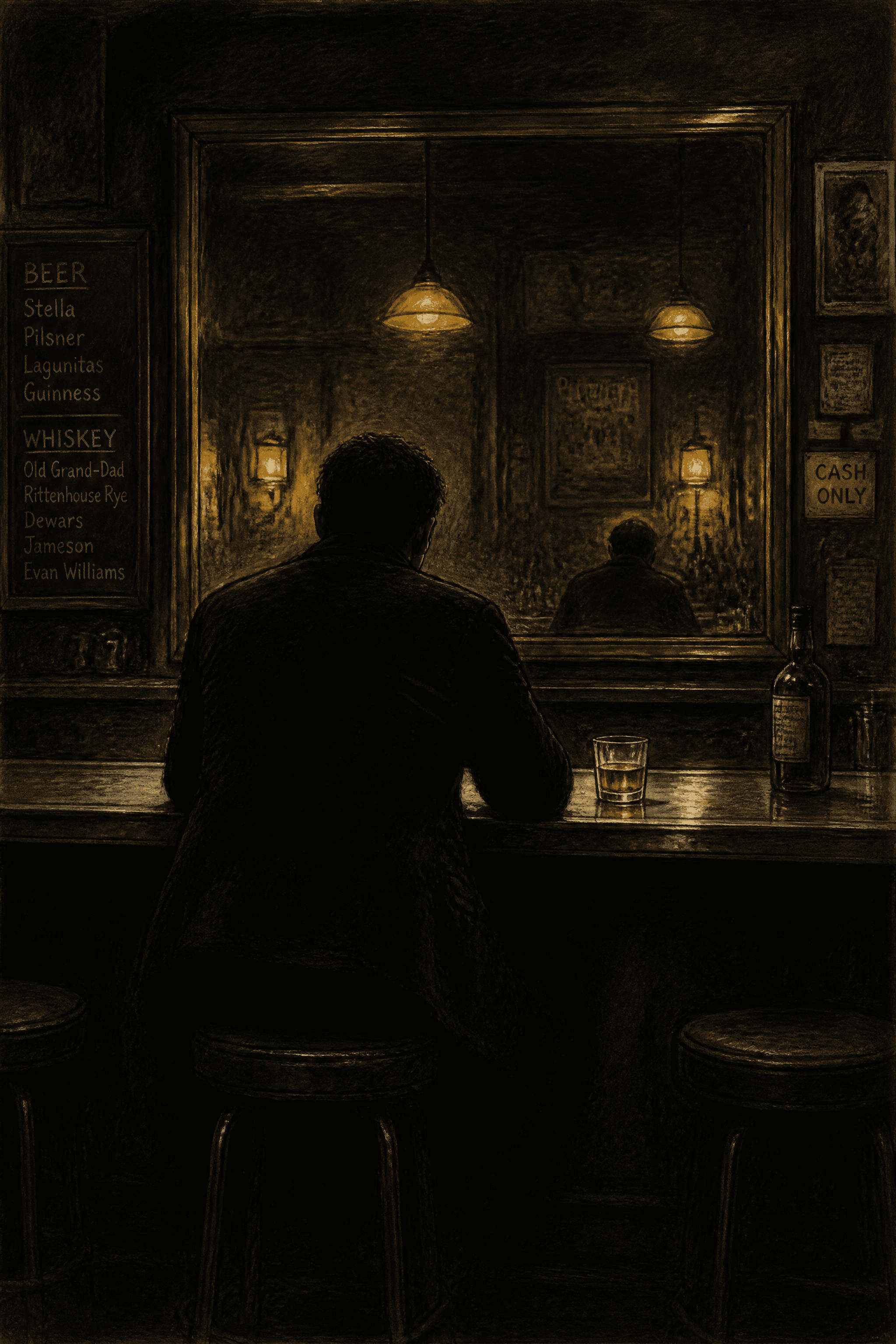 Affiche Solitaire au Zinc — silhouette dos et reflet dans le miroir