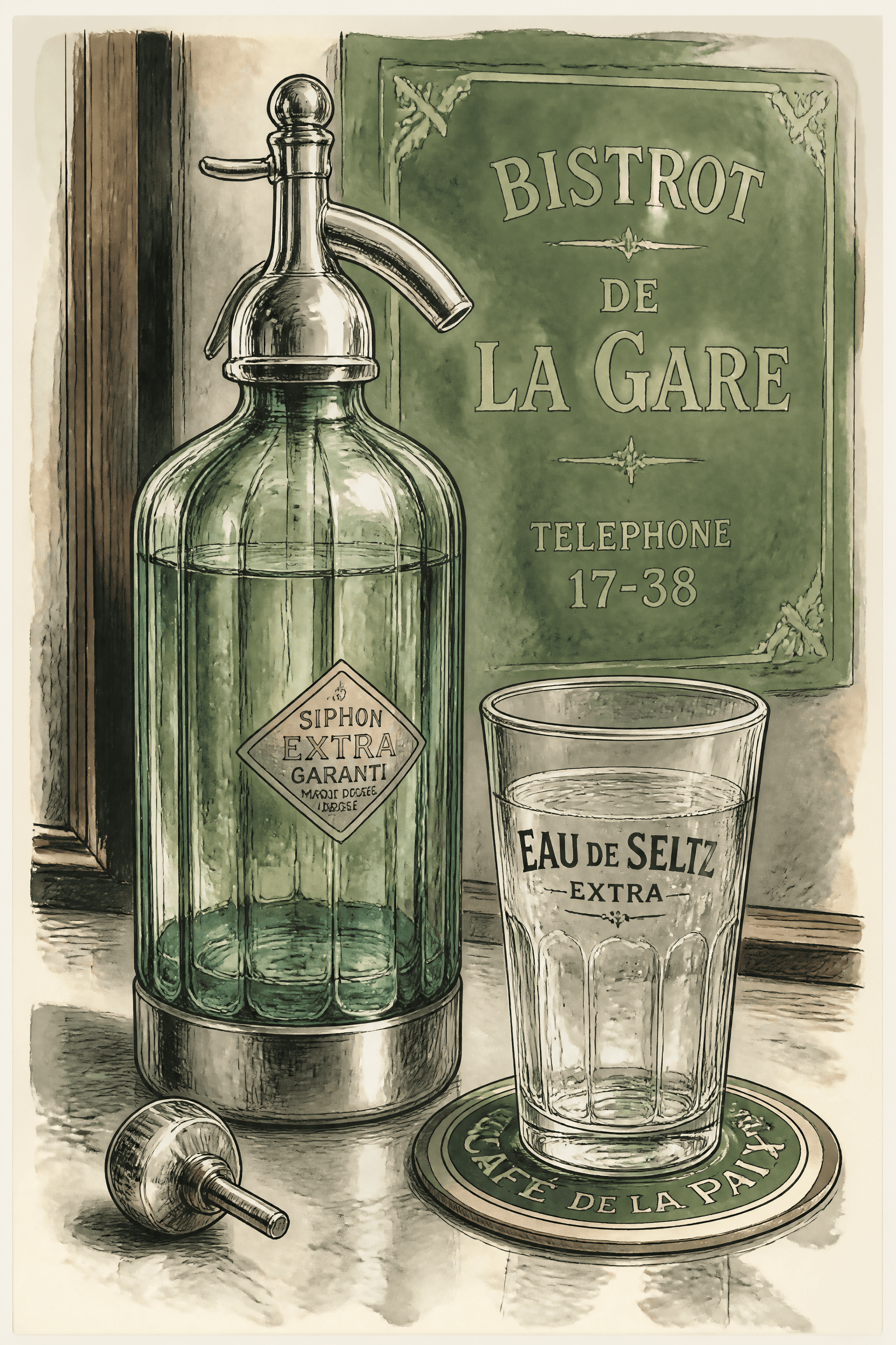 Affiche Siphon à Eau de Seltz — nature morte bar vintage chrome