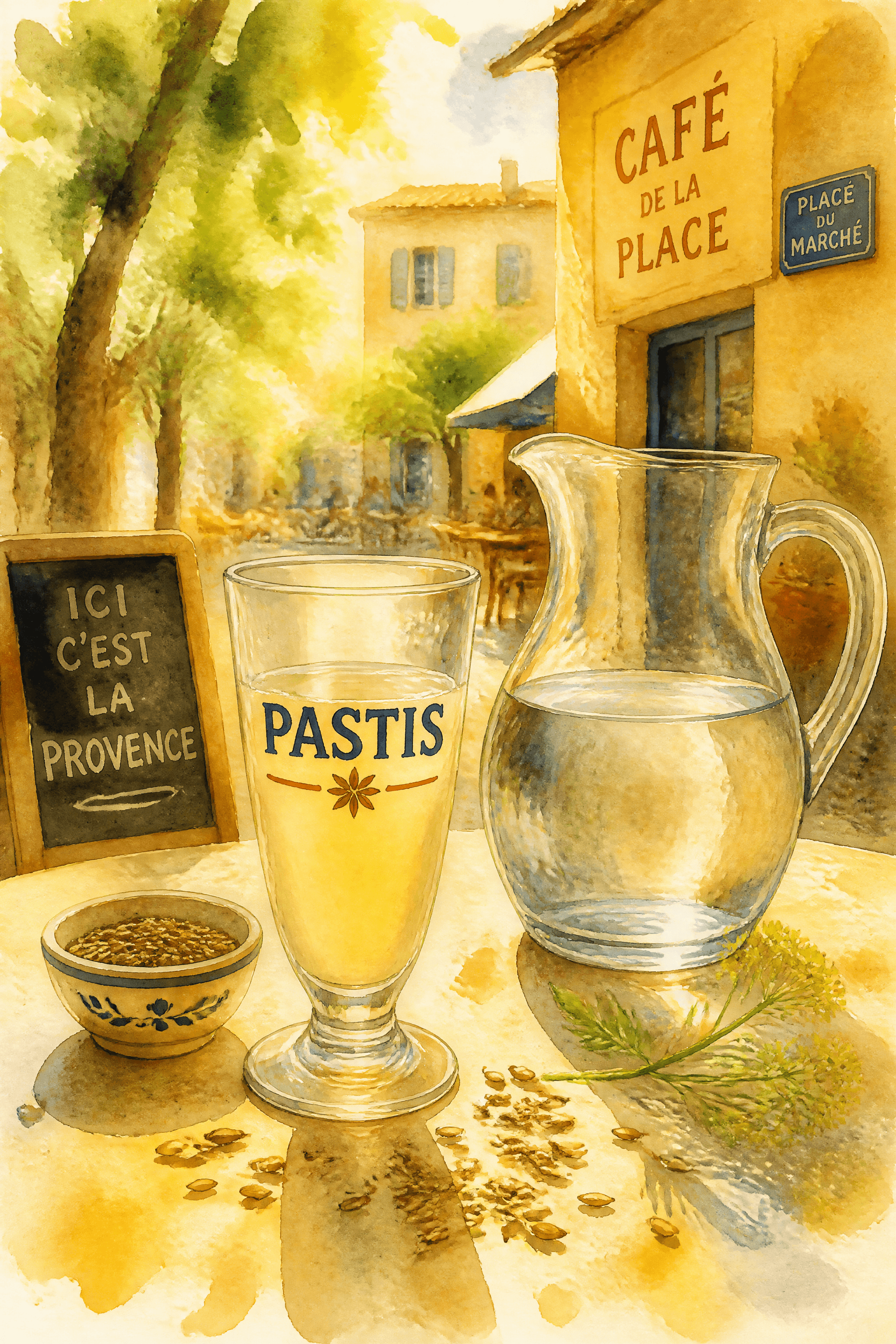 Affiche Pastis et Eau — nature morte aquarelle du café provençal