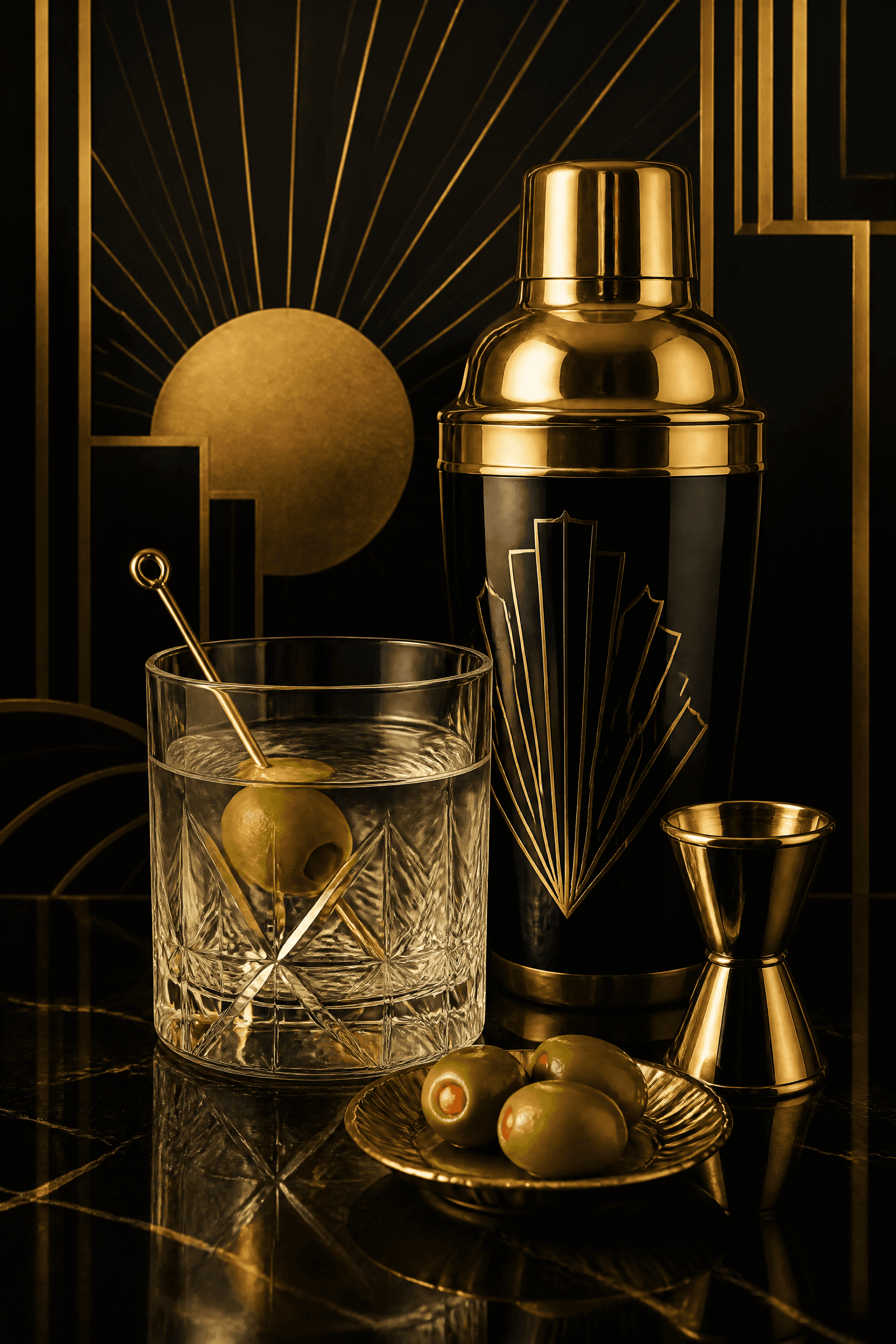 Affiche Shaker et Verre Old Fashioned — barware art déco or et ébène