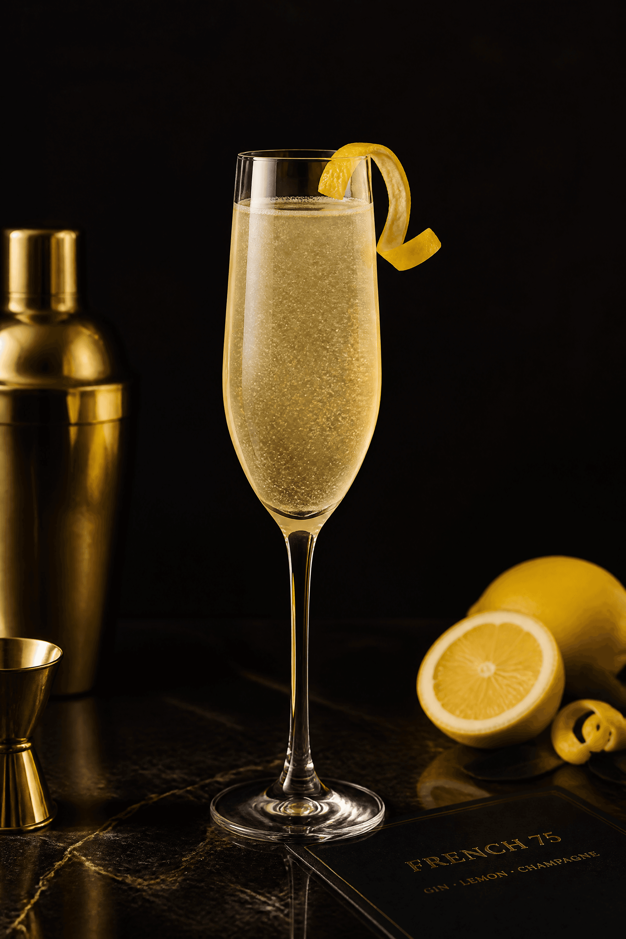 Affiche French 75 — cocktail en flûte élégante minimal sombre