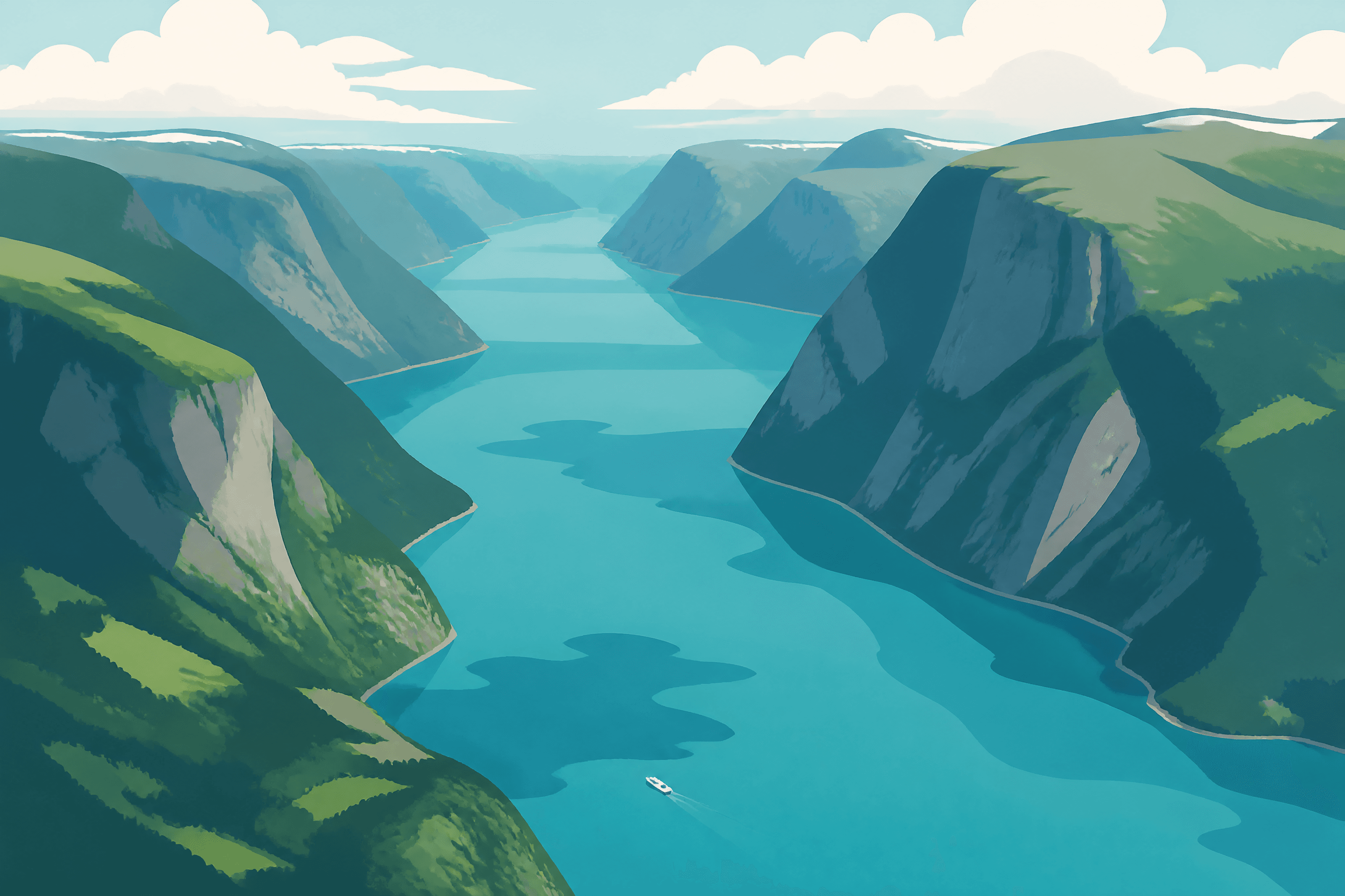 Affiche Fjord Norvégien Vue Aérienne — illustration graphique turquoise