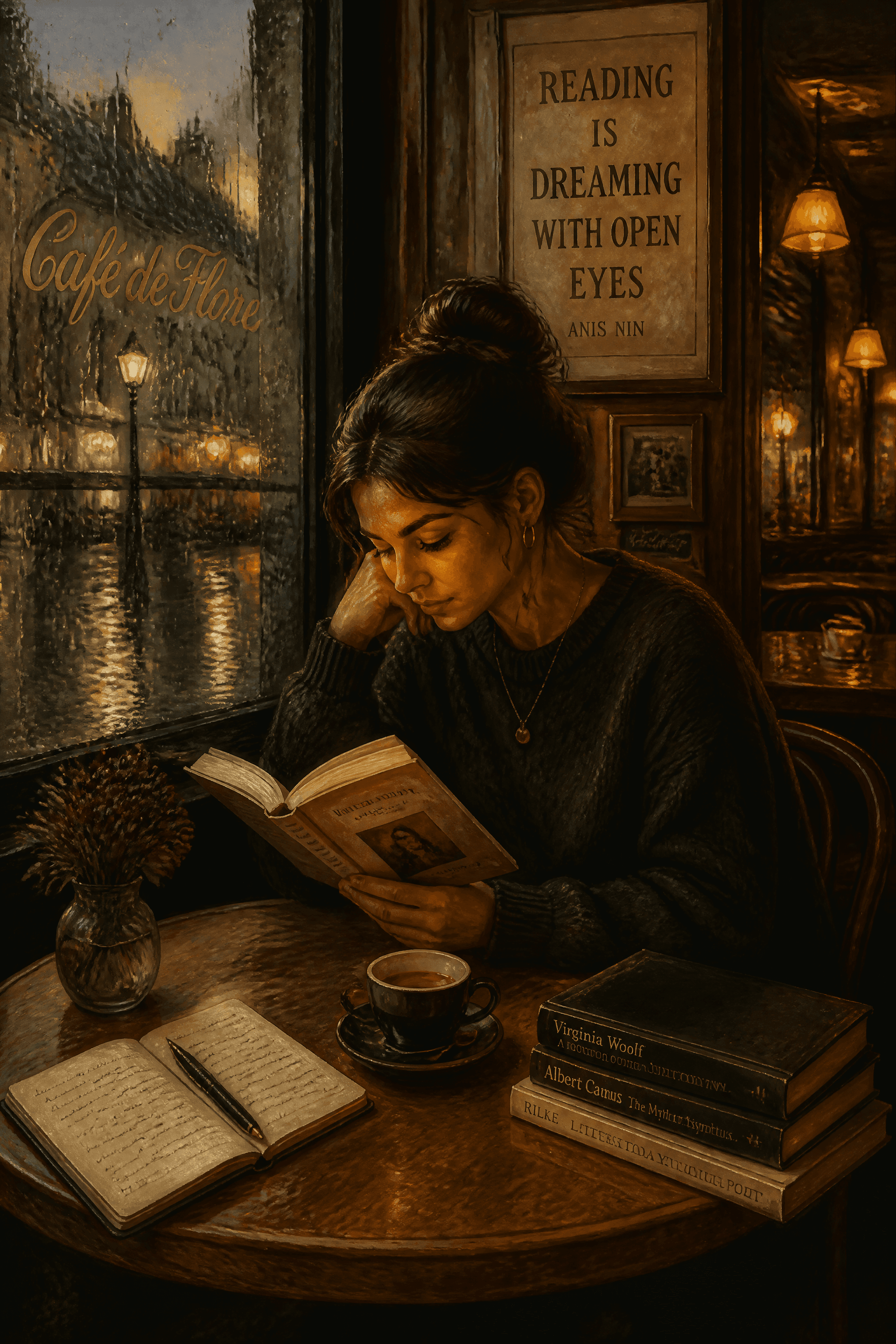 Affiche Lecteur Solitaire — café sous la pluie scène picturale