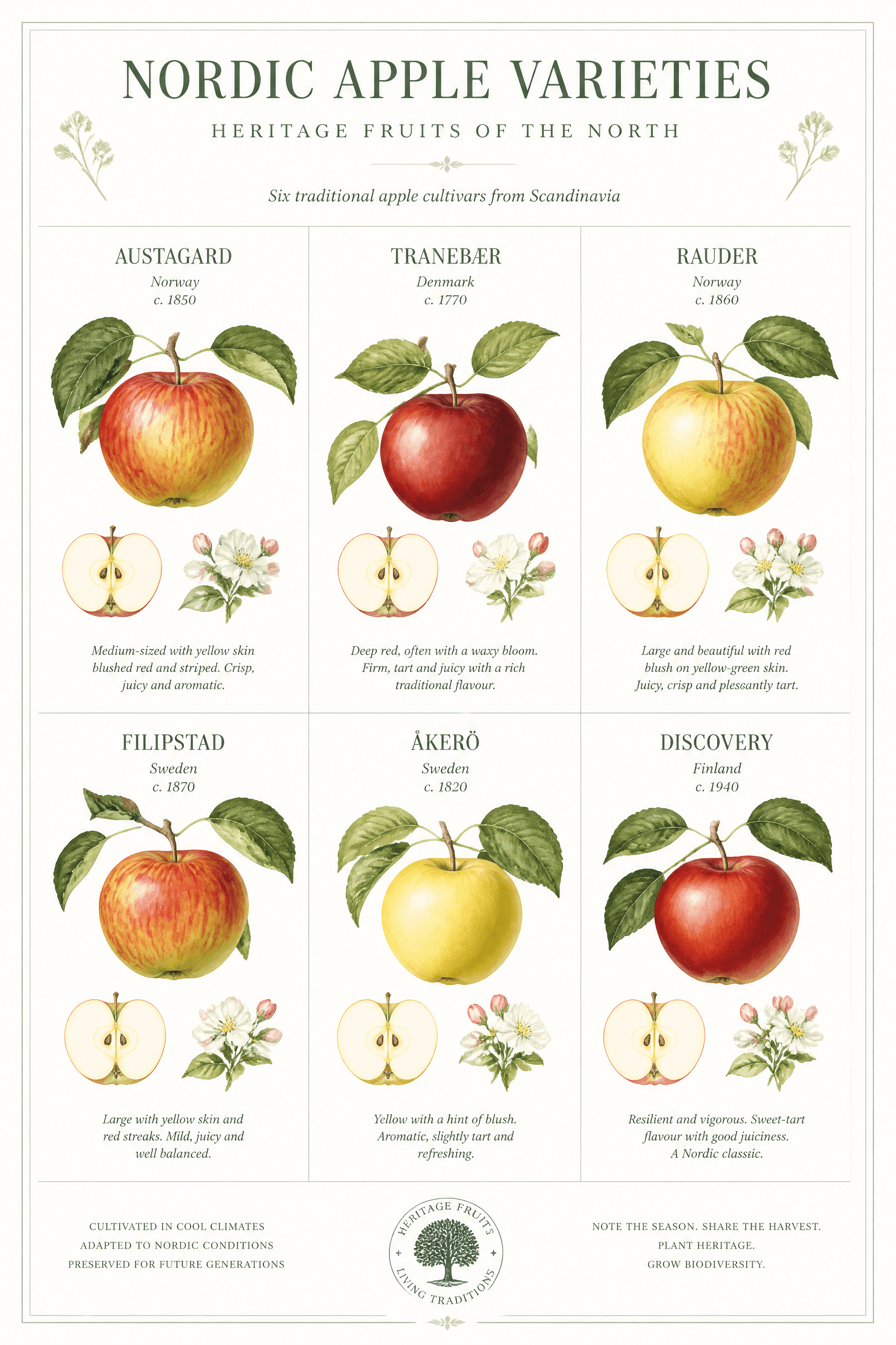 Affiche Variétés de Pommes Nordiques — grille botanique aquarelle