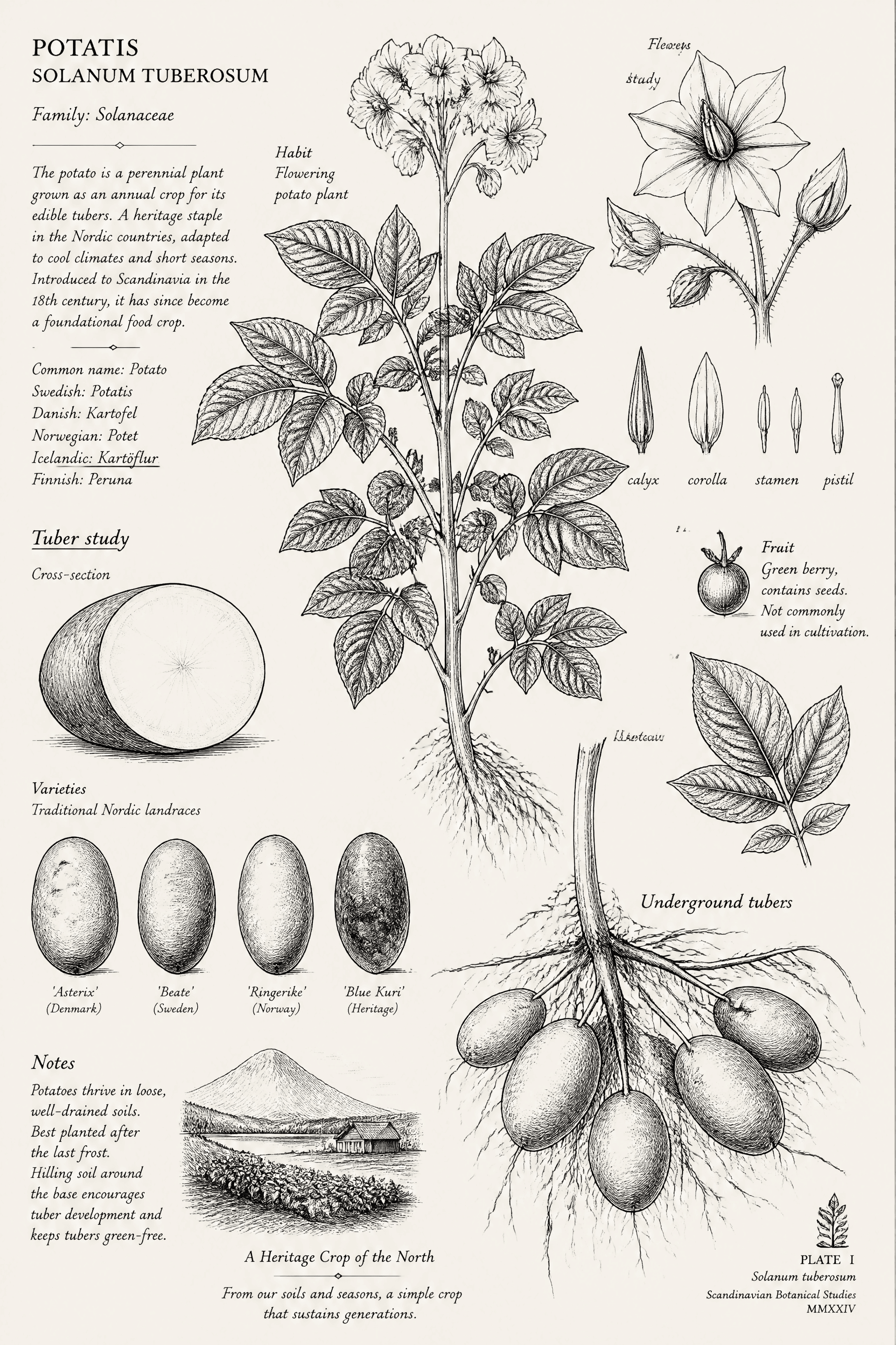 Affiche Pomme de Terre Botanique — tubercule et fleur du patrimoine nordique