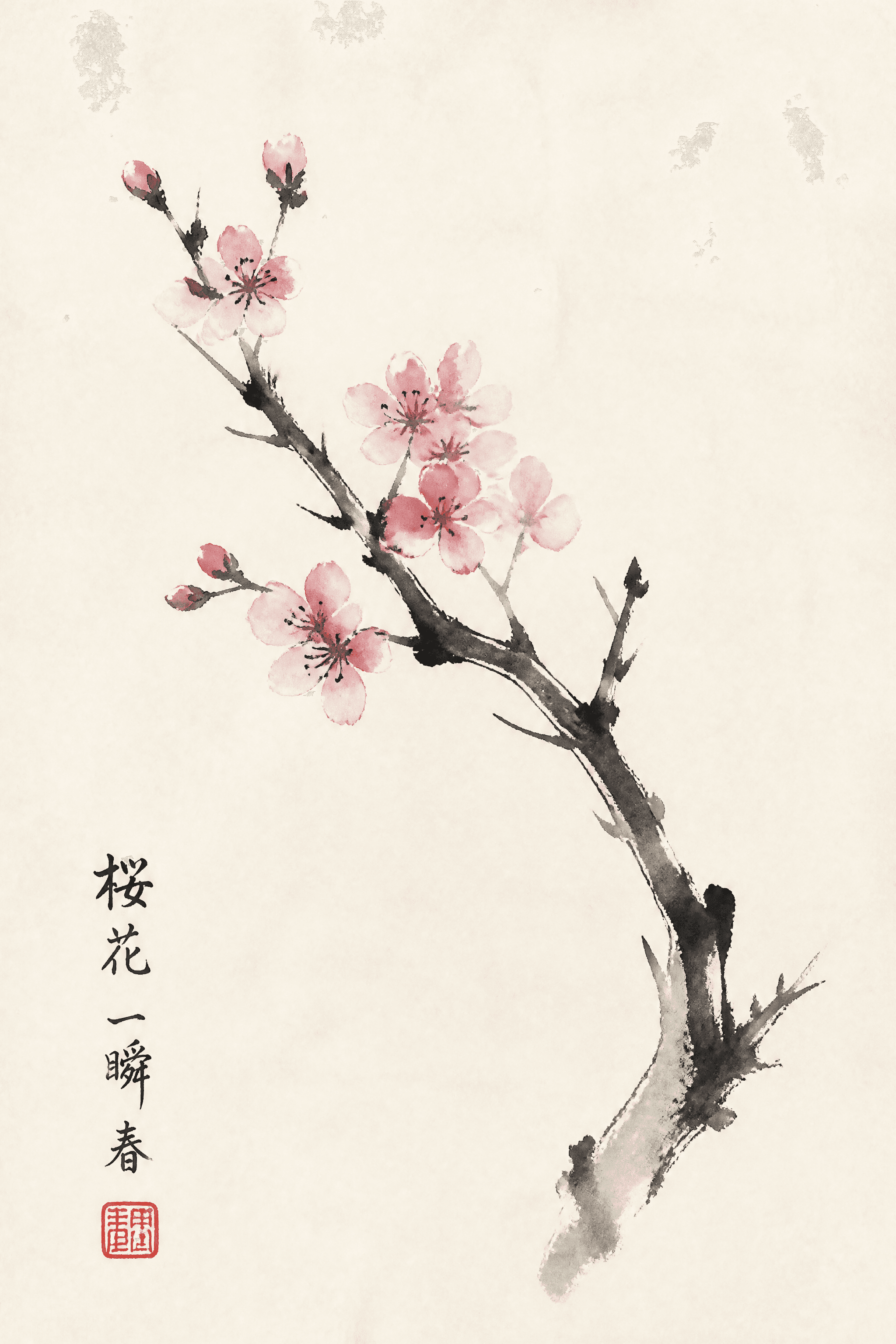 Affiche Cerisier Sumi-e — encre noire sur fond parchemin